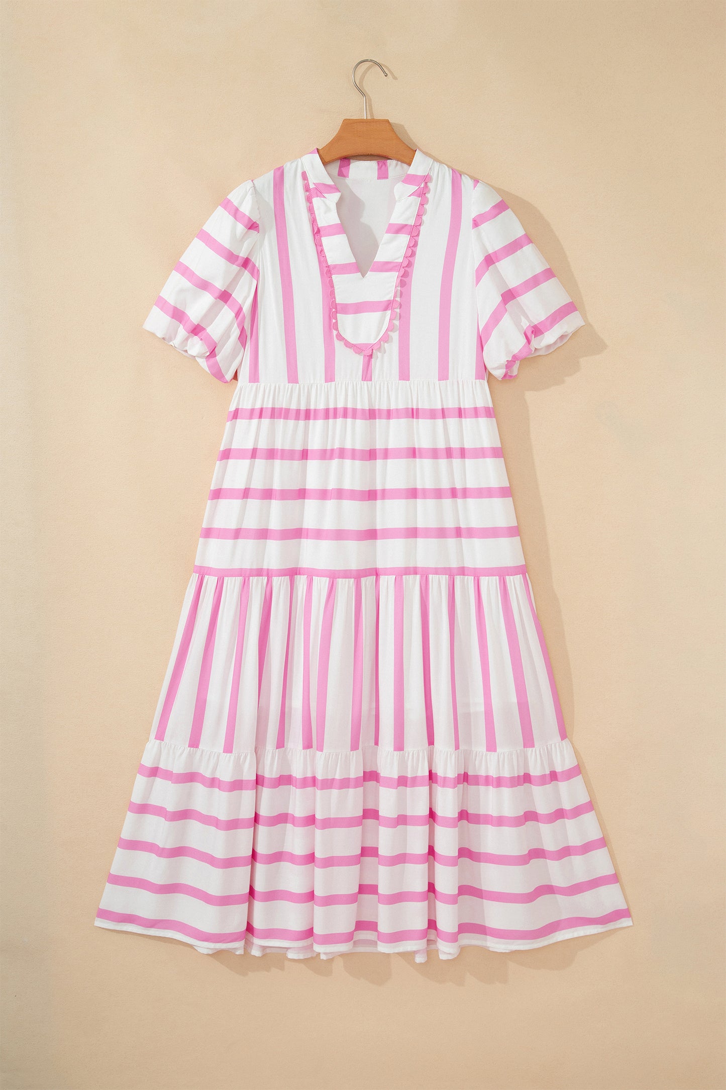 Pink Stripe Ricrac Trim Notched Neck Half Sleeve Vacation Dress - Snoopy's Closet
