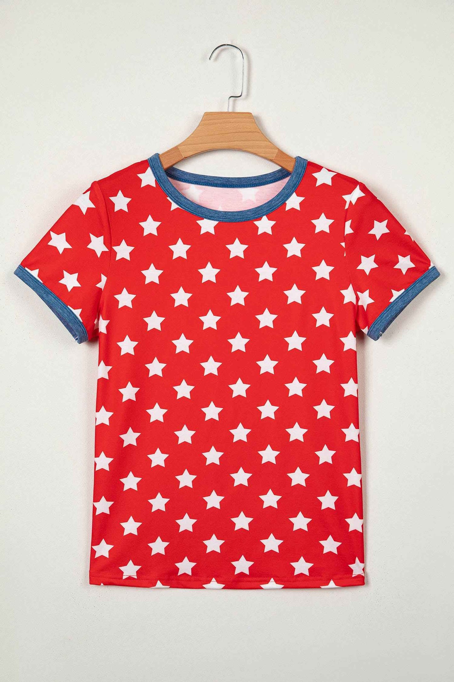 Red Stars Print Colorblock Binding Tape Collar Cuff Viscose Tunic Top