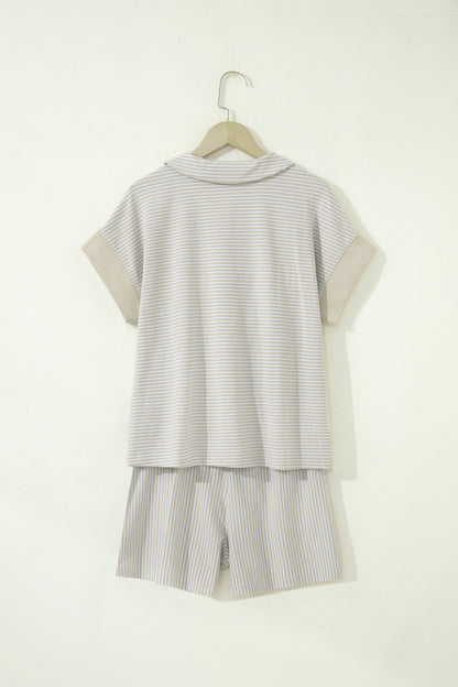 Pink Stripe Dolman Sleeve Polo Shirt and Drawstring Shorts Set - Snoopy's Closet