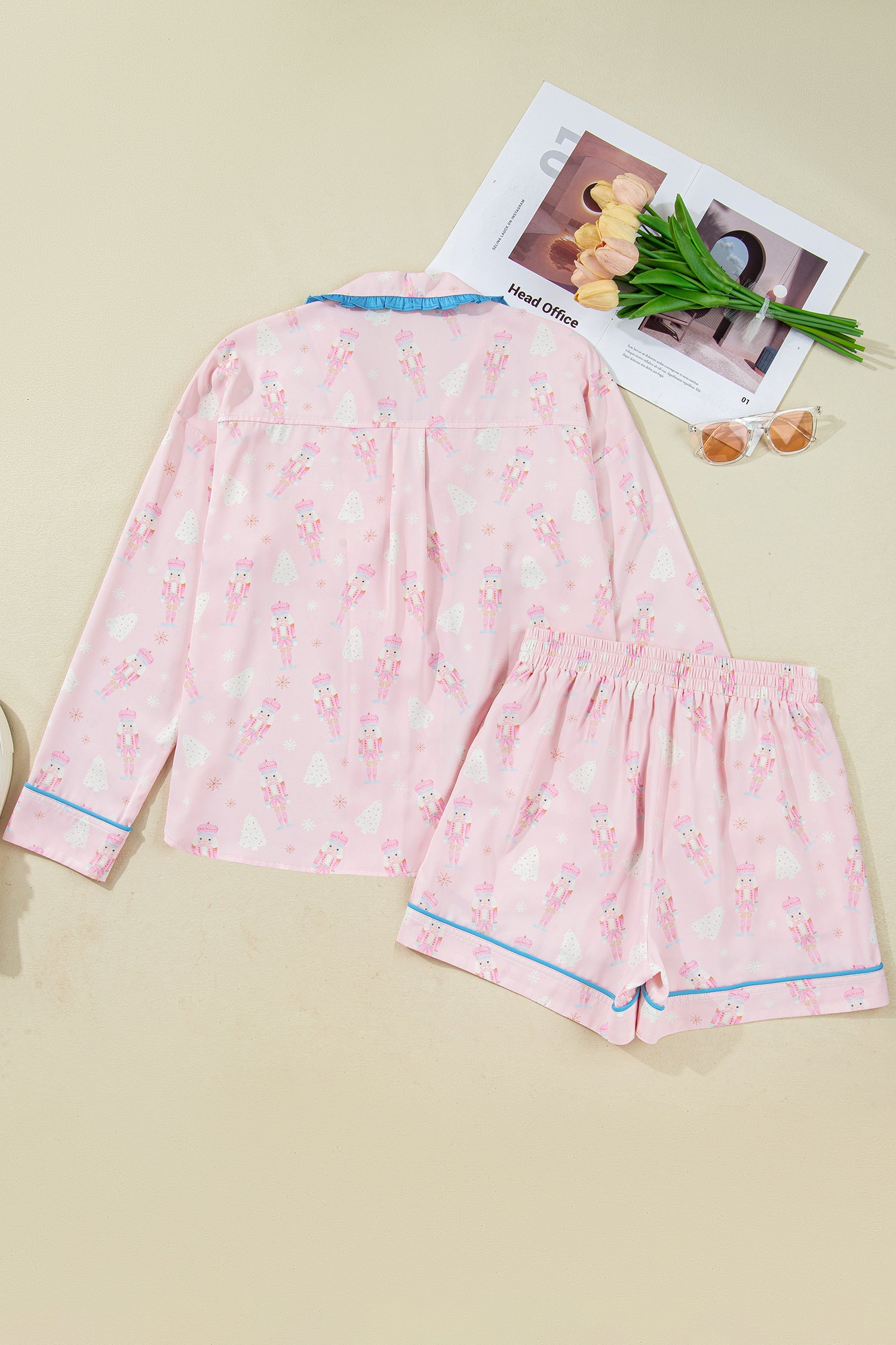 Pink Bow Tie Front Christmas Nutcracker Long Sleeve Shirt Shorts Pajama Set - Snoopy's Closet