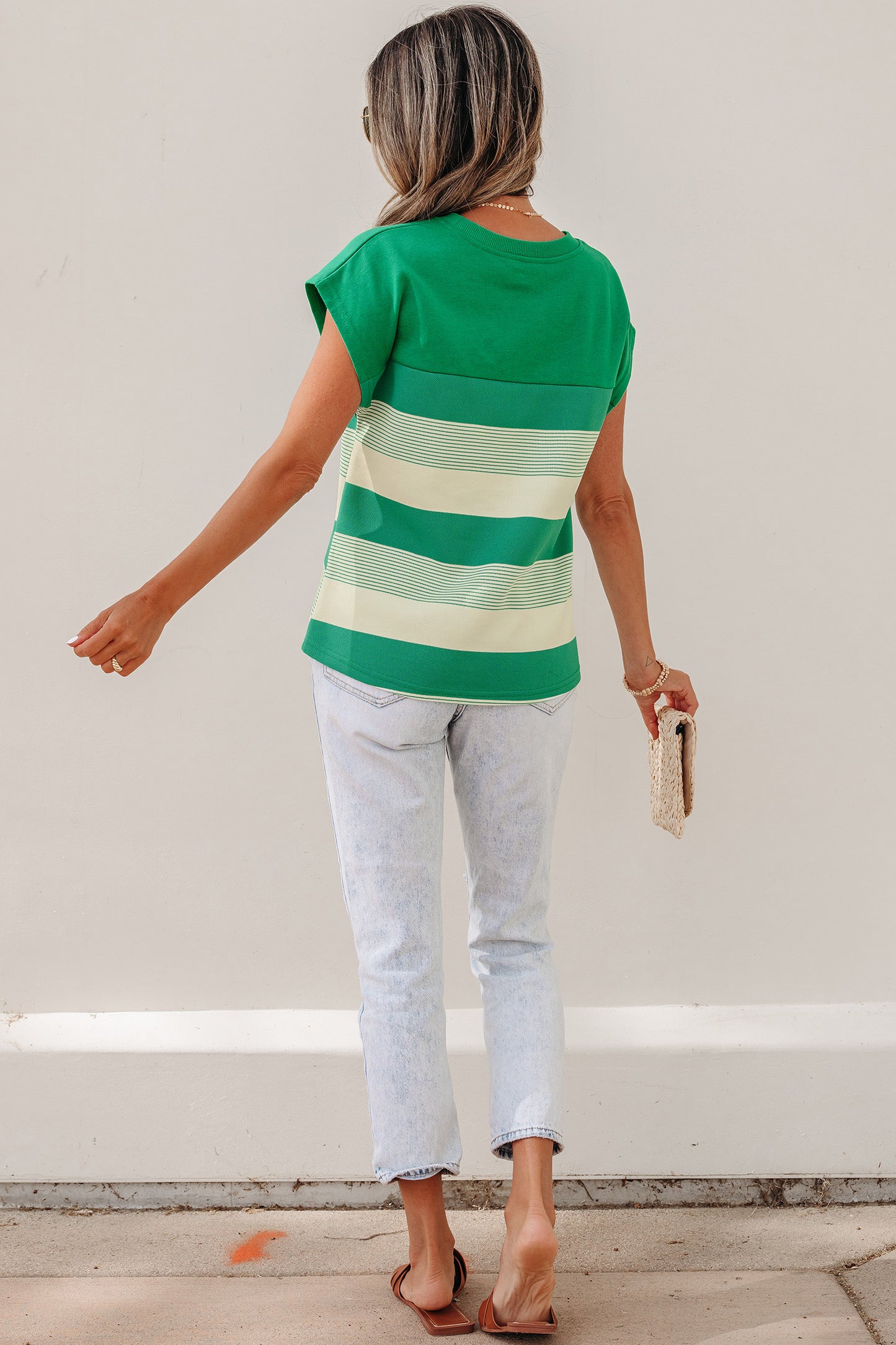Green Stripe Mixed Print Crew Neck Cap Sleeve T Shirt - Snoopy's Closet