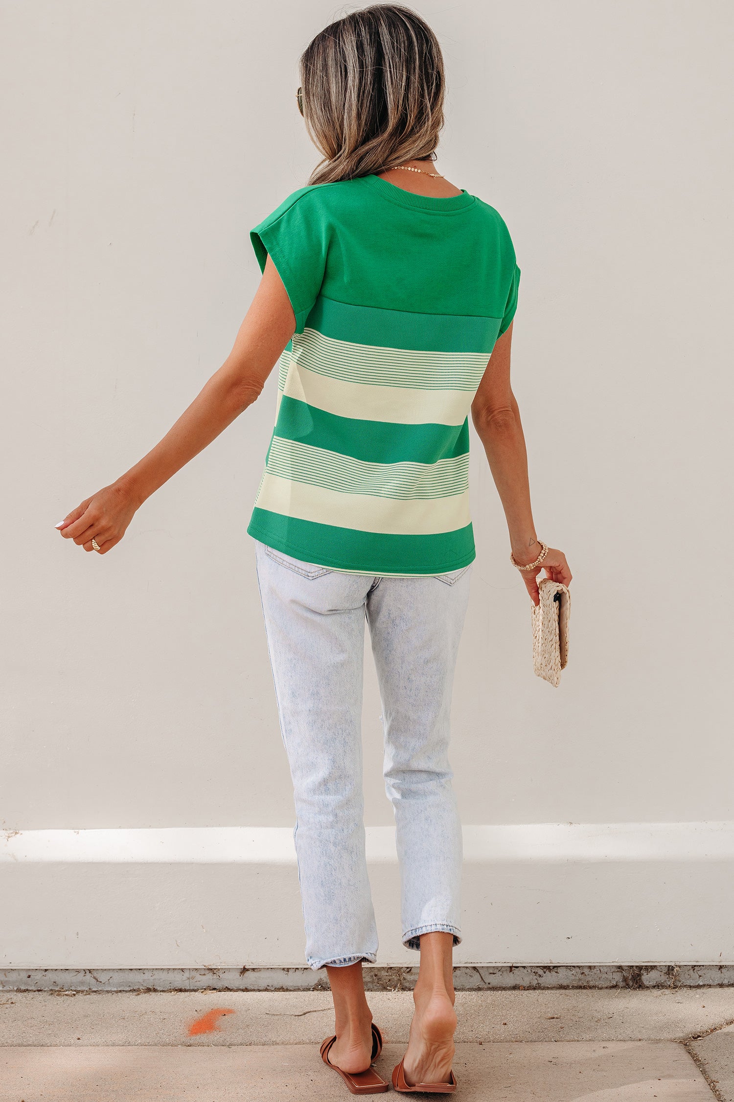 Green Stripe Mixed Print Crew Neck Cap Sleeve T Shirt - Snoopy's Closet