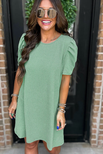Mint Green Corded Knit Crew Neck Puff Sleeve Shift Mini Dress - Snoopy's Closet