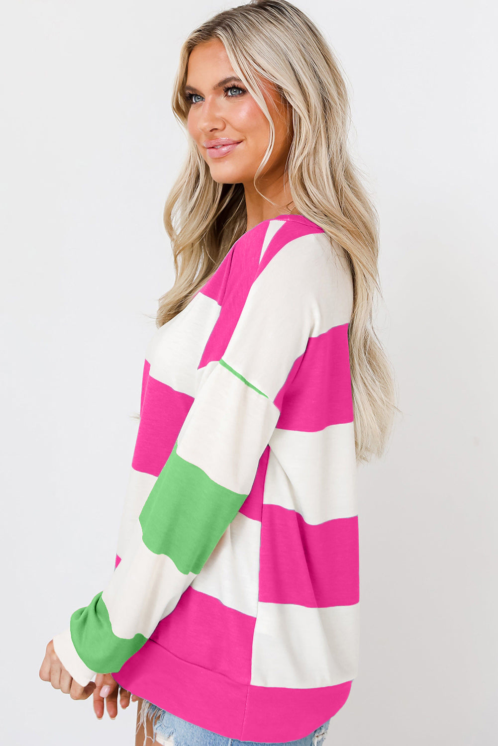 Light Blue Colorblock Striped Drop Shoulder Long Sleeve Top - Snoopy's Closet