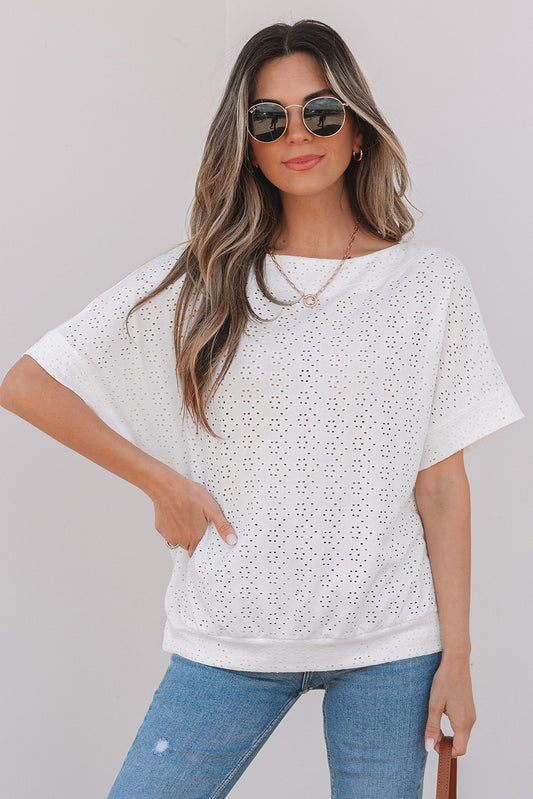 White Eyelet Pattern Boat Neck Casual Tee - Snoopy's Closet