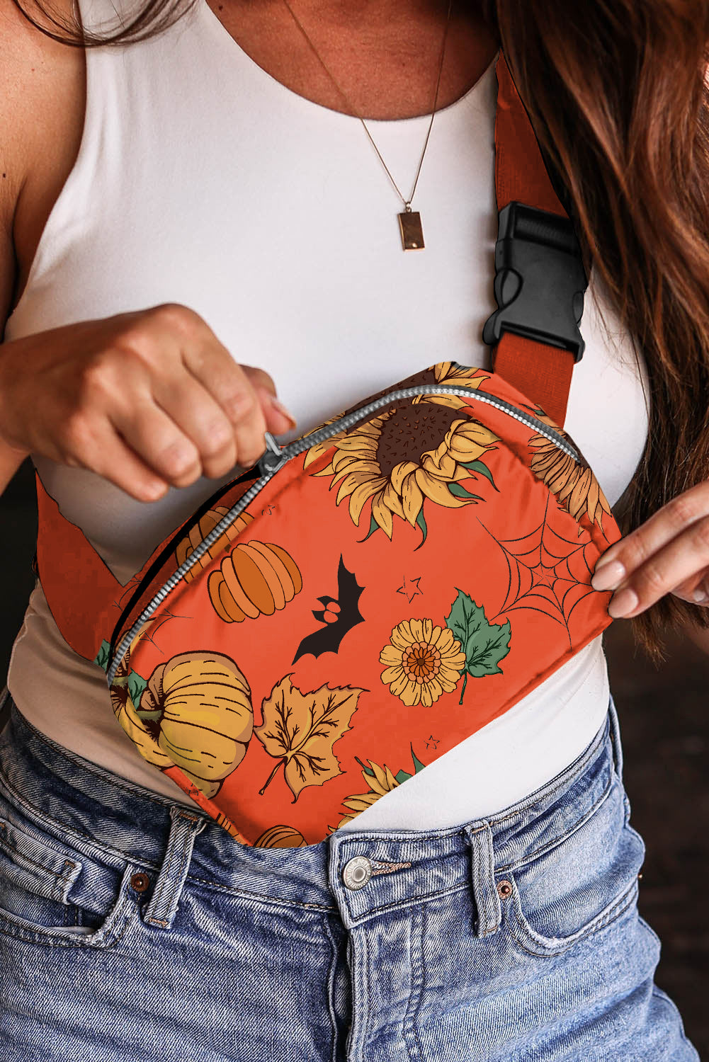 Orange Pumpkin Sunflower Halloween Graphic Crossbody Bag - Snoopy's Closet