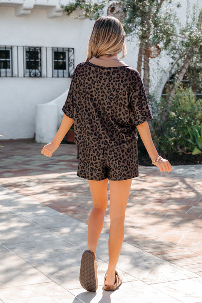 Brown V Neck Collar Leopard Printed 2pcs Short Set - Snoopy's Closet