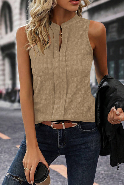 Light French Beige Lattice Textured Split Neck Tank Top - Snoopy's Closet
