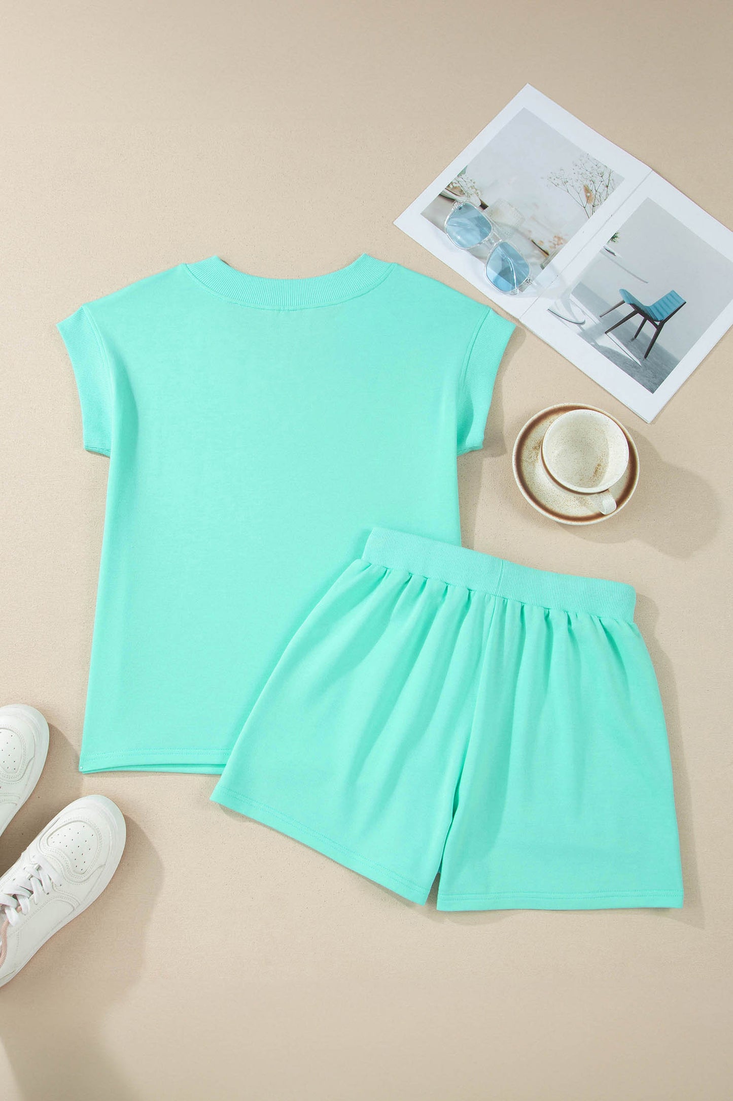 Mint Green V Neck Short Sleeve Top Drawstring Shorts 2pcs Set - Snoopy's Closet