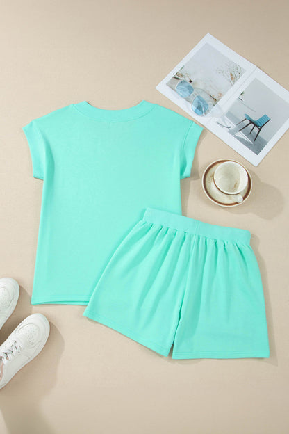 Mint Green V Neck Short Sleeve Top Drawstring Shorts 2pcs Set - Snoopy's Closet
