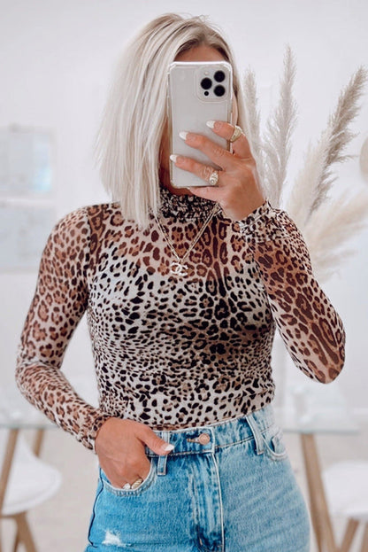 Brown Leopard Smocked Neck Mesh Long Sleeve Bodysuit - Snoopy's Closet