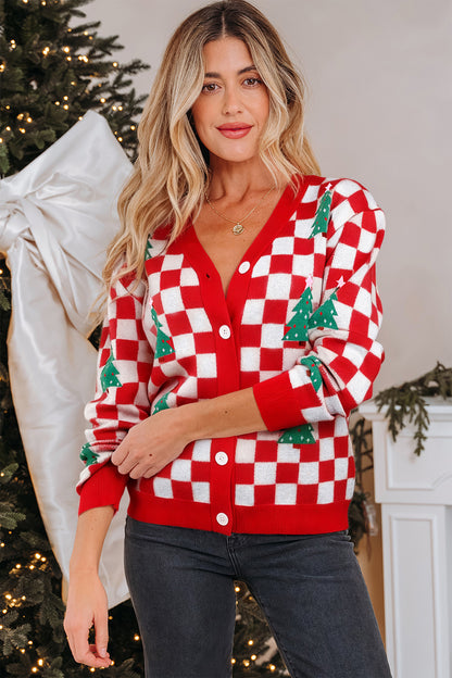 Suéter de punto cárdigan con cuello en V y estampado de árbol de Navidad a cuadros rojos