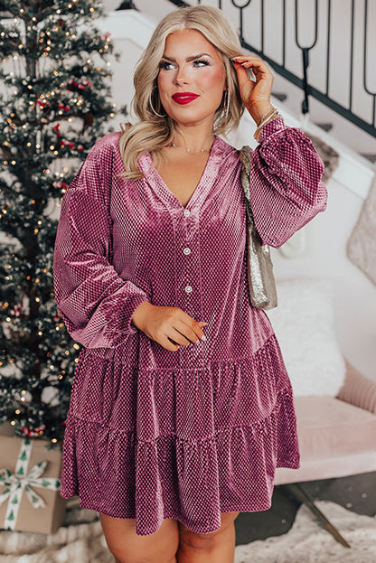 Vestido de Terciopelo Texturizado con Botones y Volantes Talla Grande Color Malva Prado