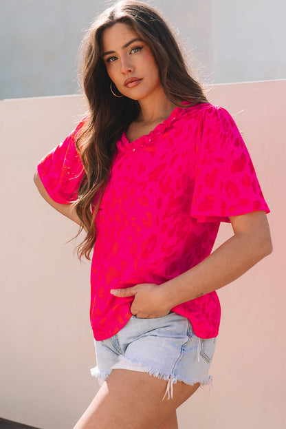 Rose Leopard Frilly V Neck Short Sleeve Blouse - Snoopy's Closet