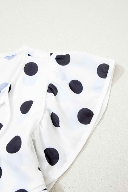 White Polka Dot Print Flutter Sleeve Striped Patchwork Babydoll Blouse