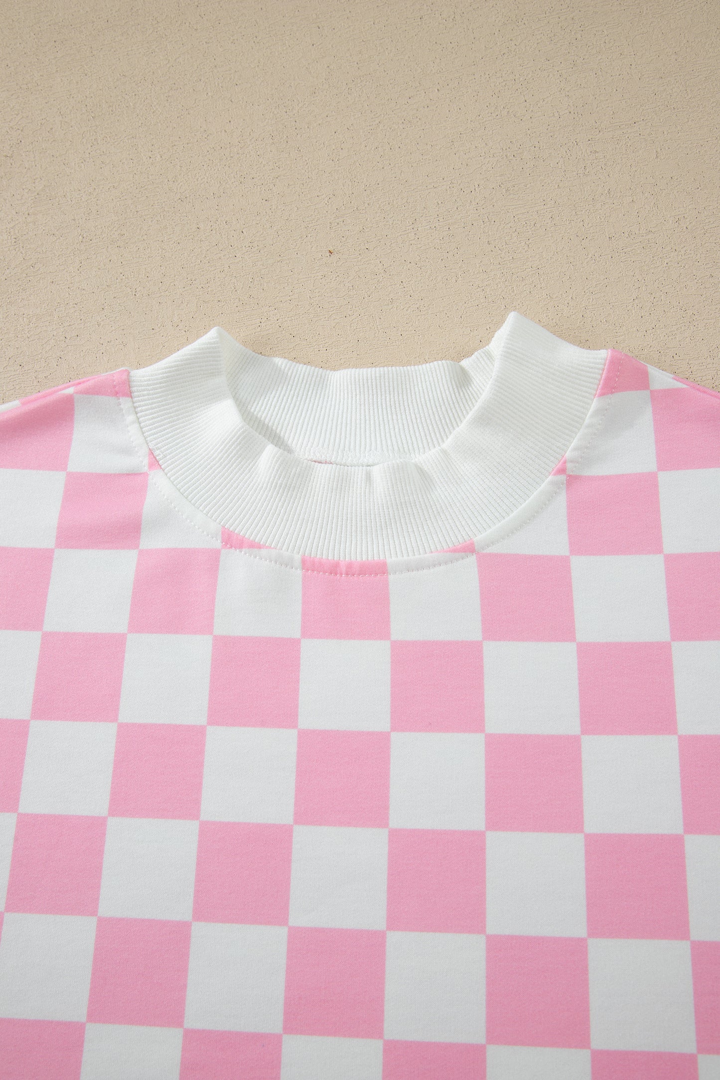 Pink Checkered Print Color Block Trim Mock Neck Short Set - Snoopy's Closet