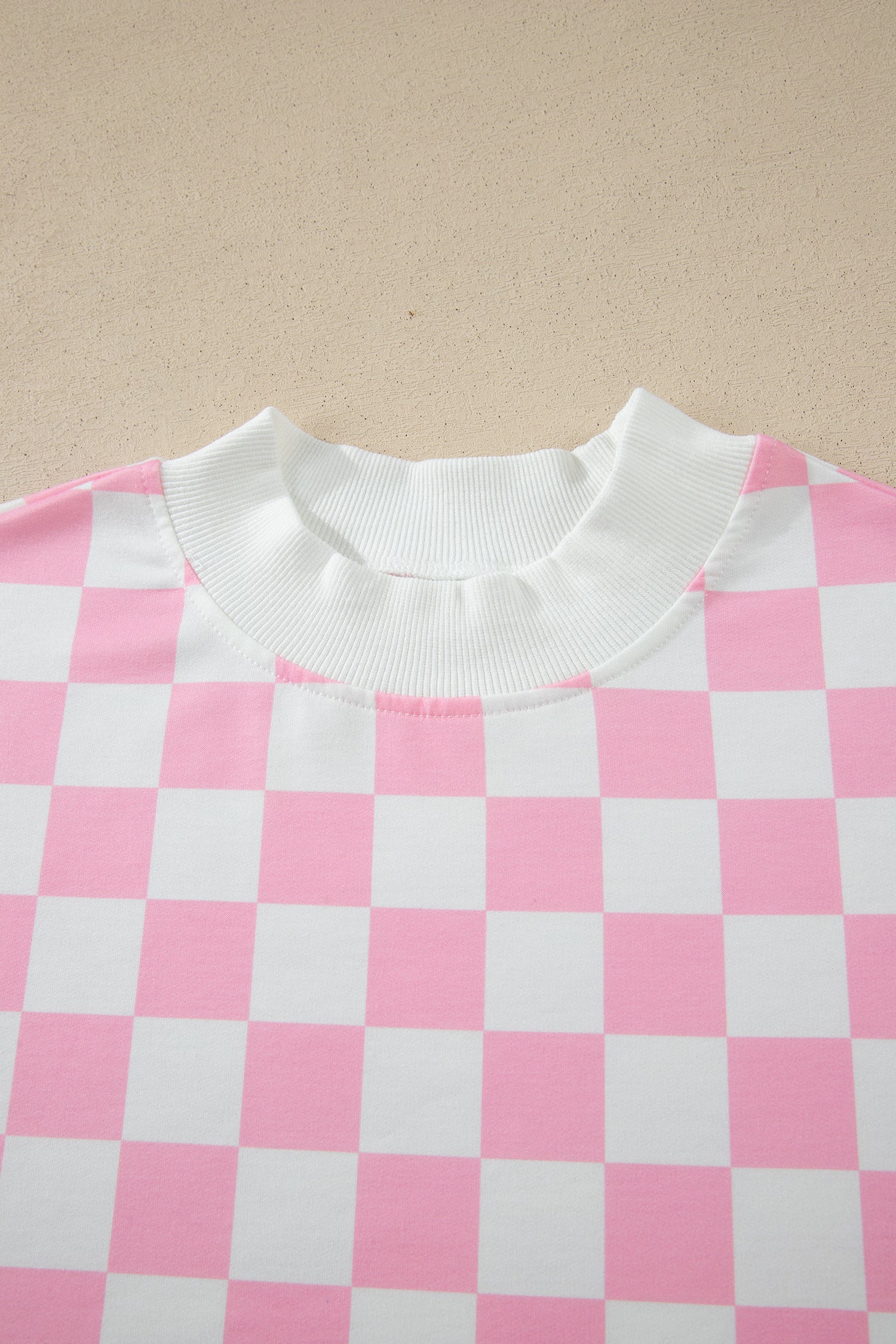 Pink Checkered Print Color Block Trim Mock Neck Short Set - Snoopy's Closet