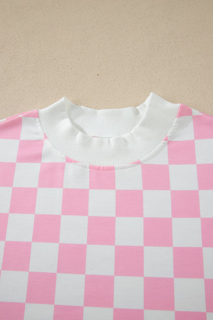 Pink Checkered Print Color Block Trim Mock Neck Short Set - Snoopy's Closet