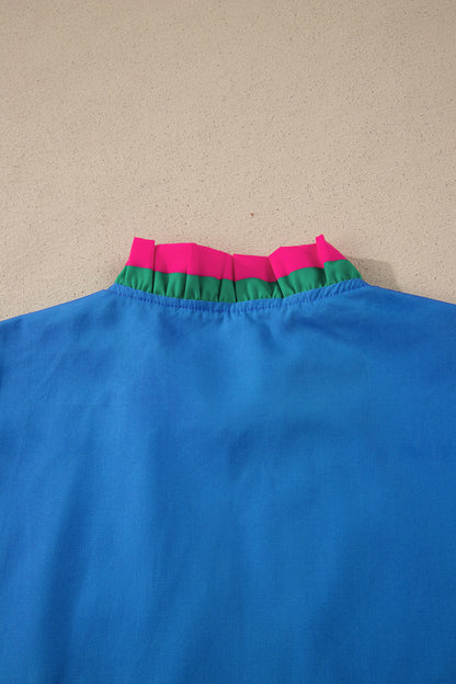 Blusa de manga corta con volantes, cuello con volantes a rayas azul cielo