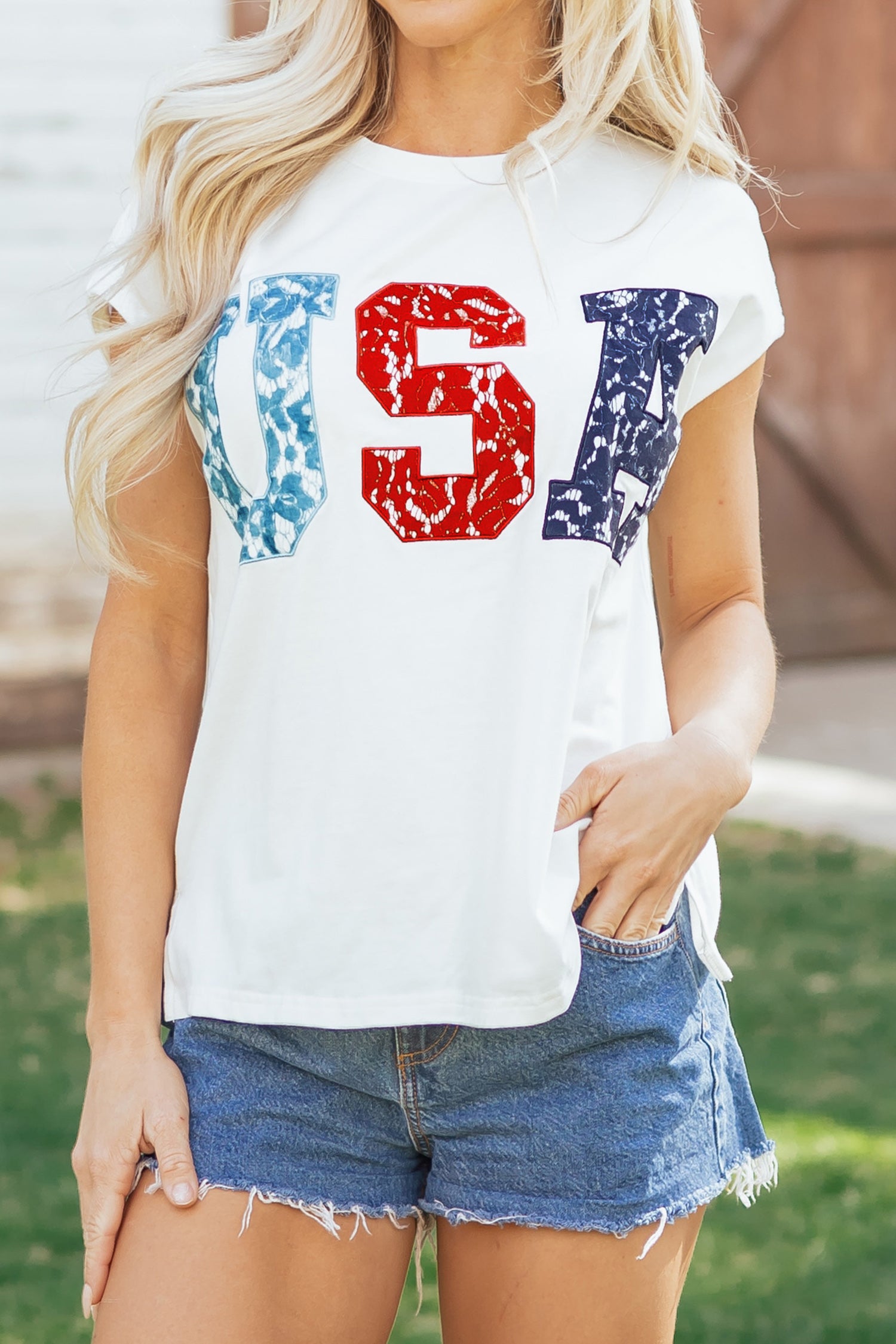 White USA Color Block Letter Printed Dolman Tee - Snoopy's Closet