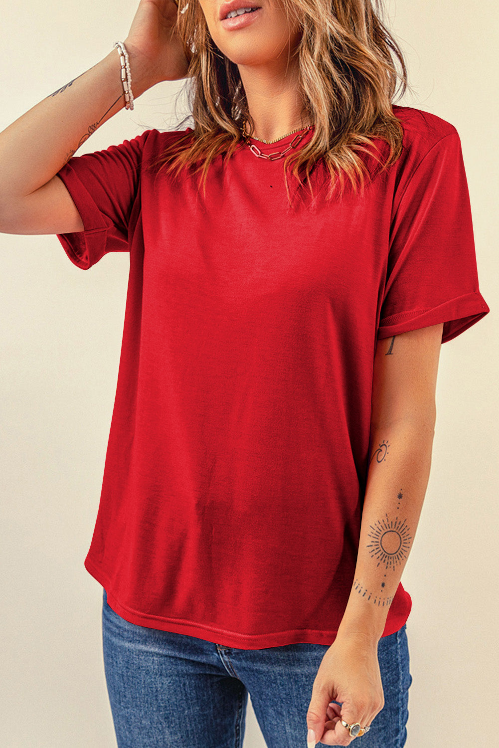 Dearlove Red Casual Plain Crew Neck Tee - Snoopy's Closet