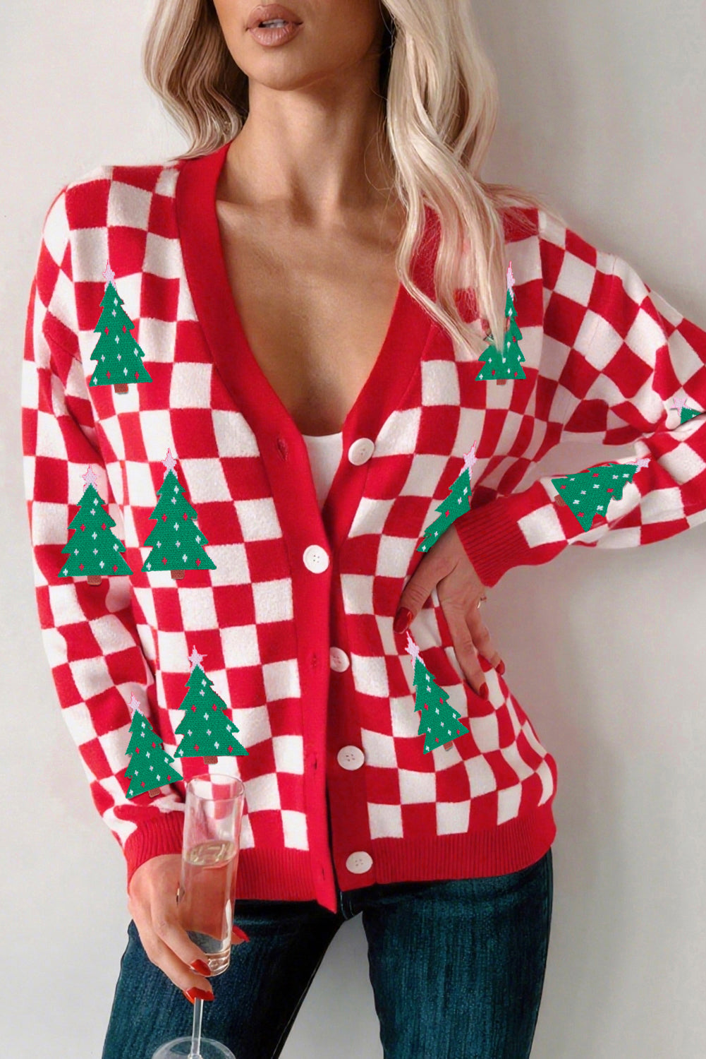 Suéter de punto cárdigan con cuello en V y estampado de árbol de Navidad a cuadros rojos