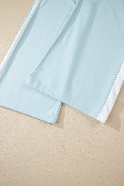 Mist Blue Contrast Trim Round Neck Pocketed Boxy Tank Top Wide Leg Pant Set - Snoopy's Closet