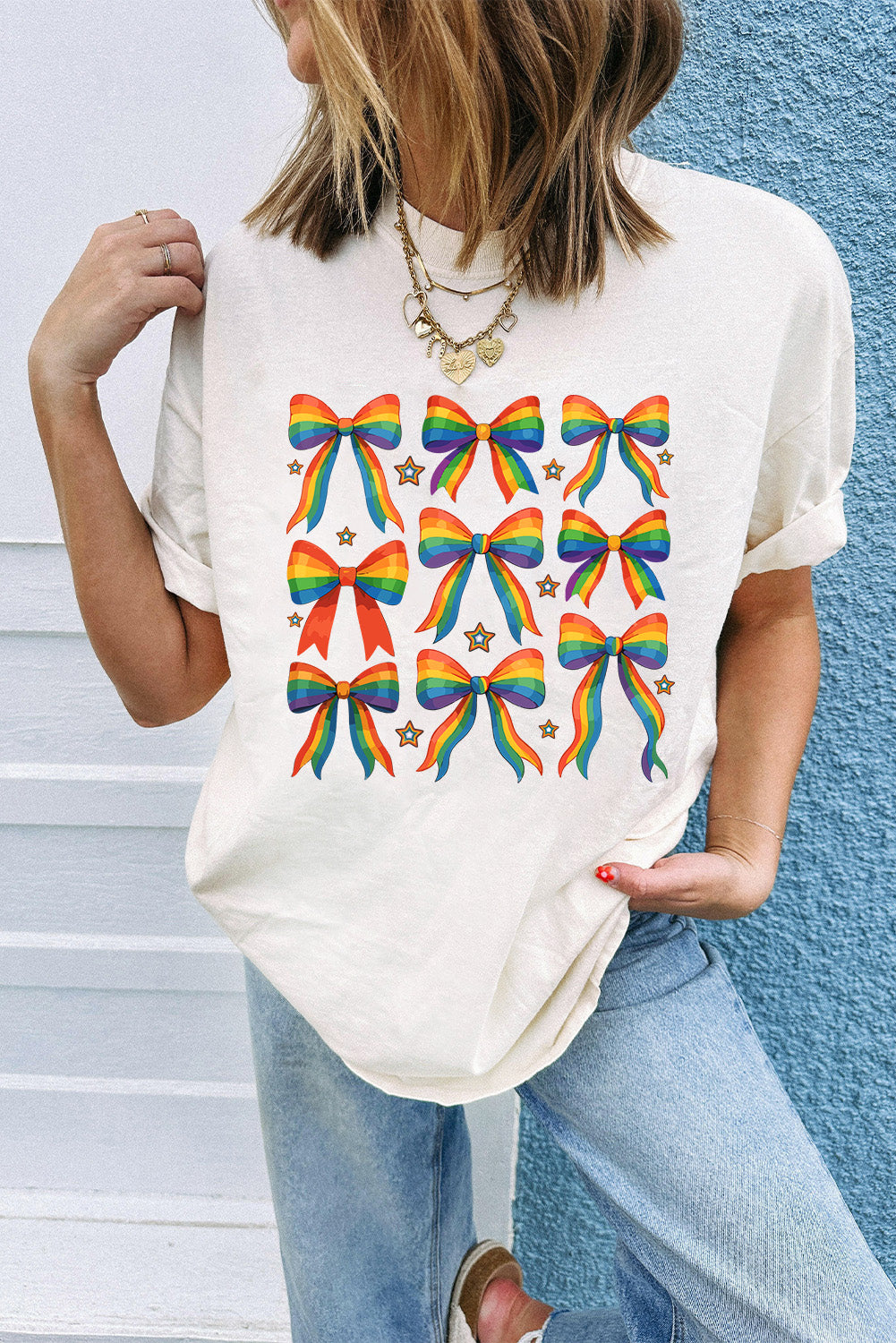 Camiseta de mezcla de algodón con estampado de estrellas y lazo, orgullo blanco