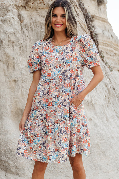 Apricot Bohemian Floral Print Short Puff Sleeve Mini Dress - Snoopy's Closet