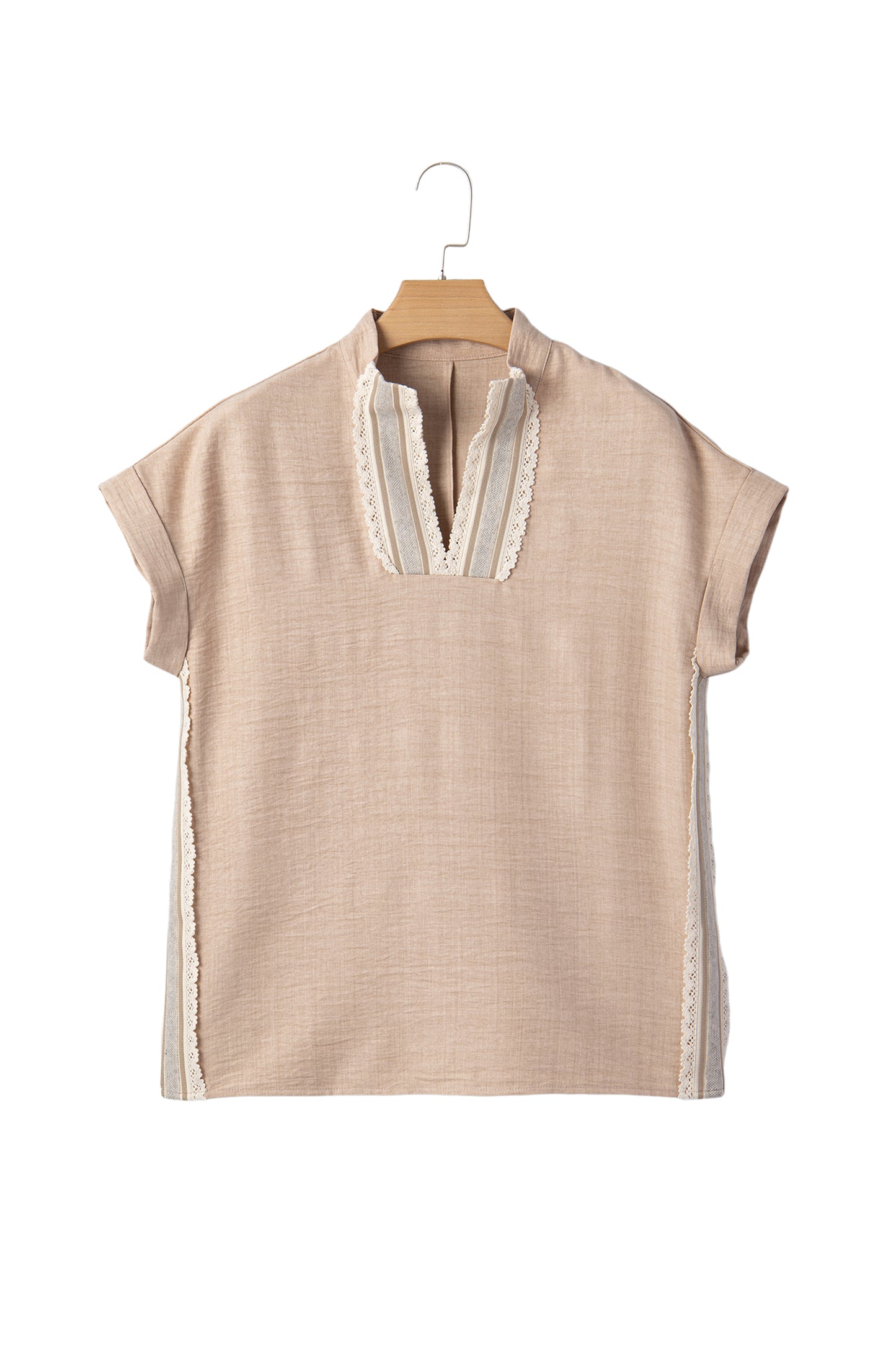 Parchment Crochet Lace Accent Pullover Rolled Short Sleeve Blouse - Snoopy's Closet