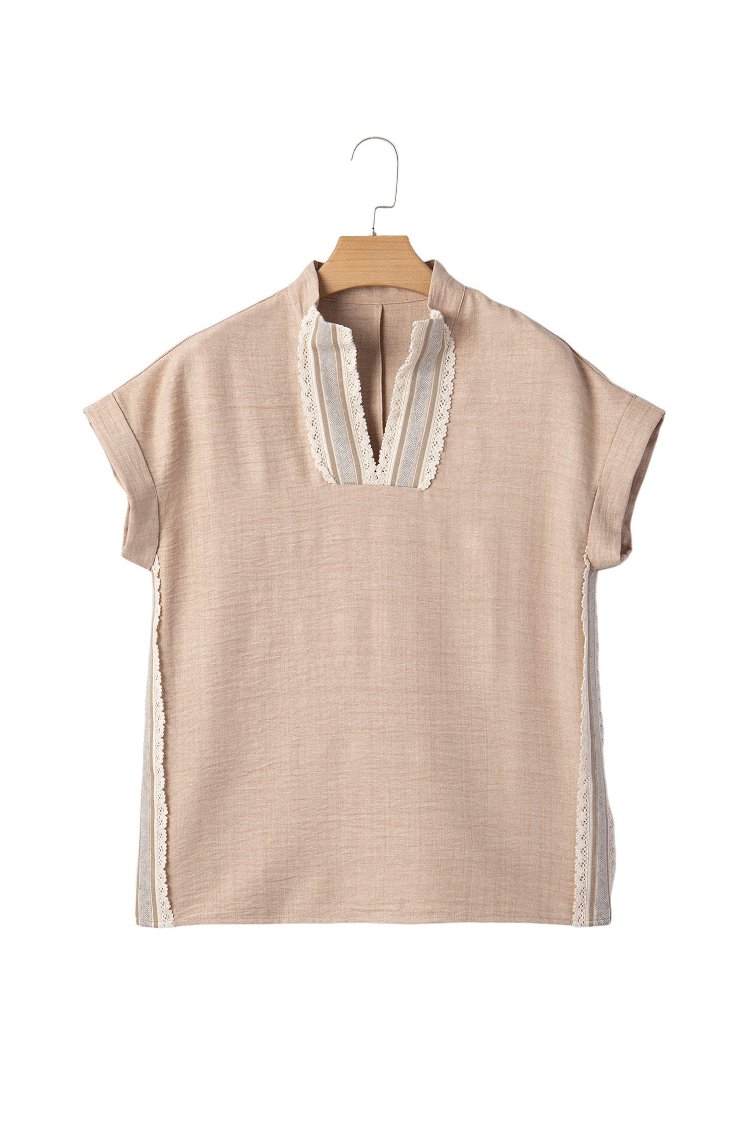 Parchment Crochet Lace Accent Pullover Rolled Short Sleeve Blouse - Snoopy's Closet