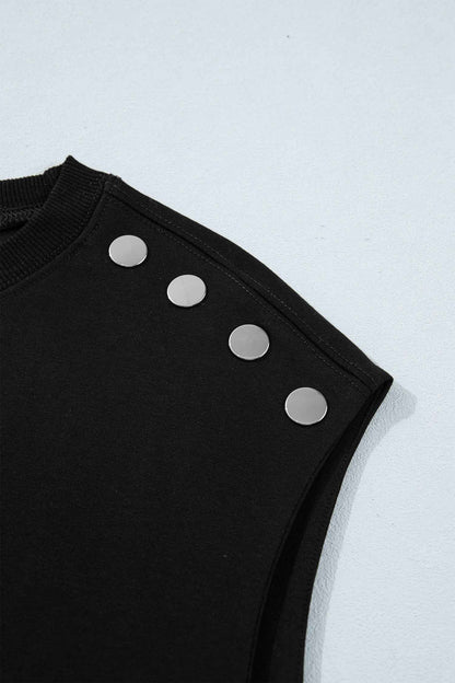 Black Casual Solid Short Sleeve Top with Metal Button Details Key Features