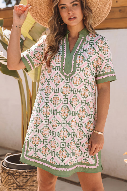 Minivestido suelto de manga corta con estampado geométrico floral bohemio multicolor