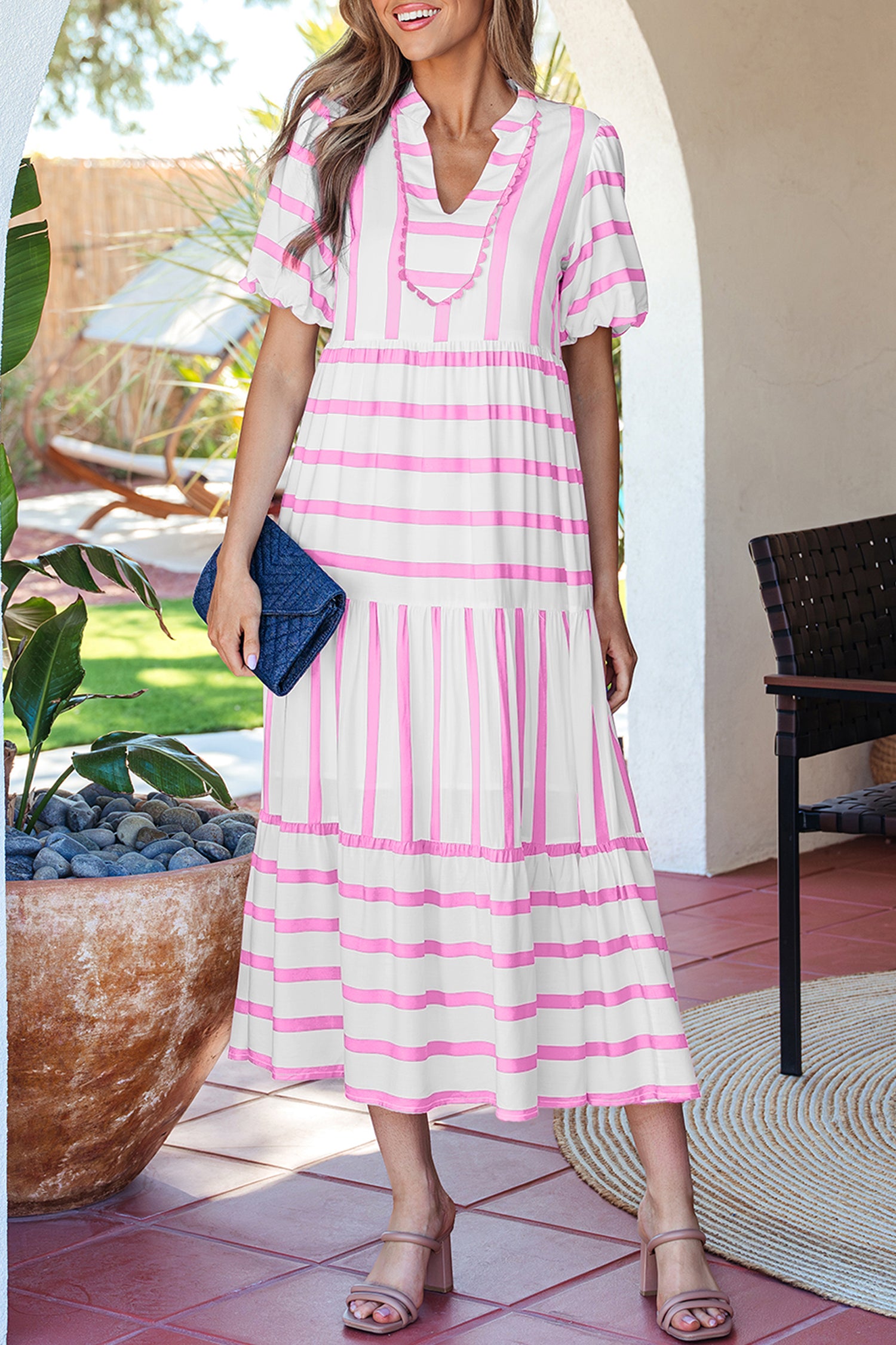 Pink Stripe Ricrac Trim Notched Neck Half Sleeve Vacation Dress - Snoopy's Closet
