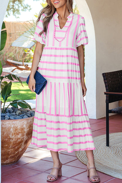 Pink Stripe Ricrac Trim Notched Neck Half Sleeve Vacation Dress - Snoopy's Closet