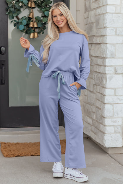 Top de manga larga con volante Beau Blue y pantalón con cordón, conjunto de salón de 2 piezas con lazo de terciopelo en contraste