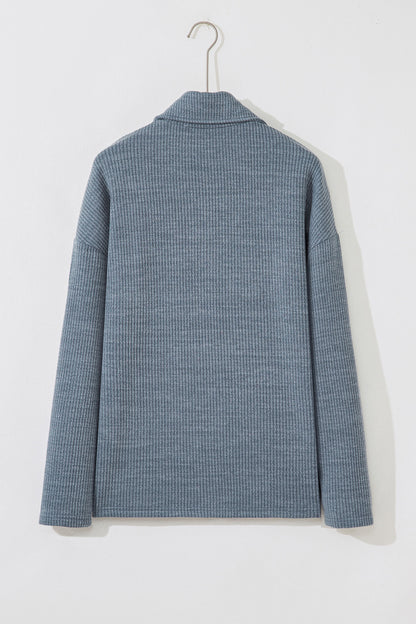 Medium Grey Ribbed Knit Buttons Front Flap Pocket Casual Shacket
