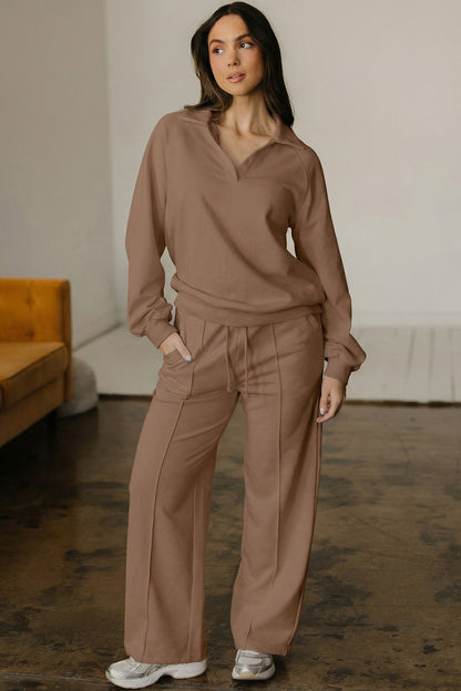 Dark Khaki Polo Collar V Neck Pullover and Drawstring Sweatpants Set - Snoopy's Closet