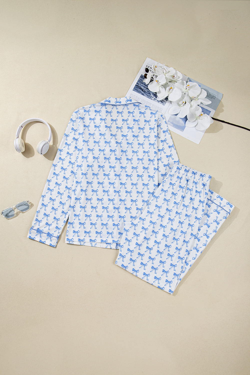 Sky Blue Bow Print Long Sleeve Shirt and Pants Soft Pajama Set - Snoopy's Closet