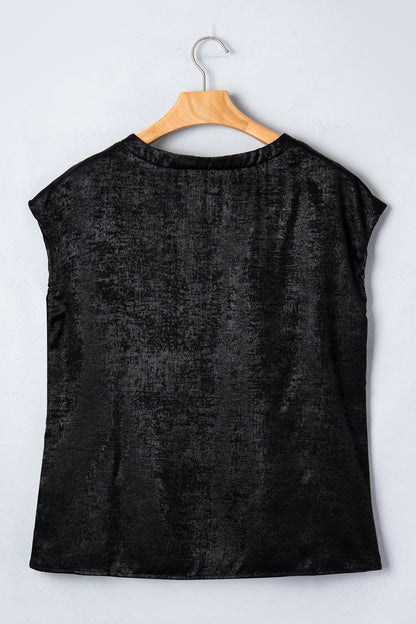 Black Metallic Round Neck Cap Sleeve Tee - Snoopy's Closet