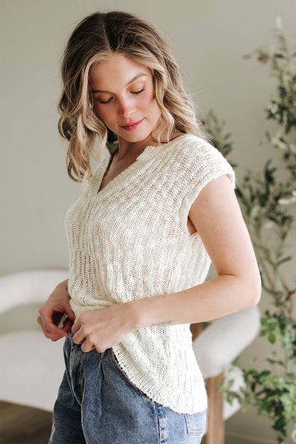 Beige Notched V Neck Short Sleeve Sweater - Snoopy's Closet