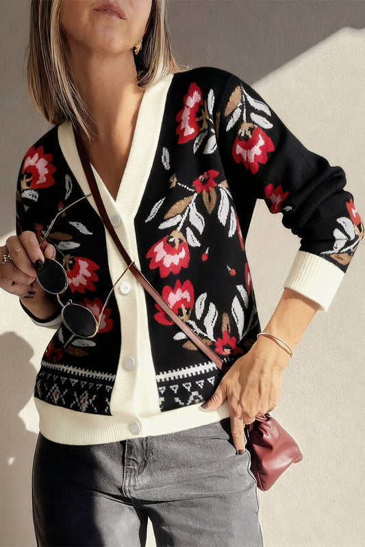 Cárdigan de punto con cuello de pico, abotonado frontal y estampado floral negro