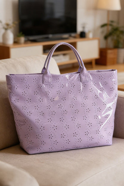 Bolso tote impermeable brillante de PVC con diseño de flores de orquídea con ojales