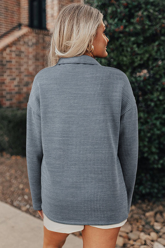 Chaqueta casual de punto acanalado gris medio con botones y bolsillos de solapa delanteros