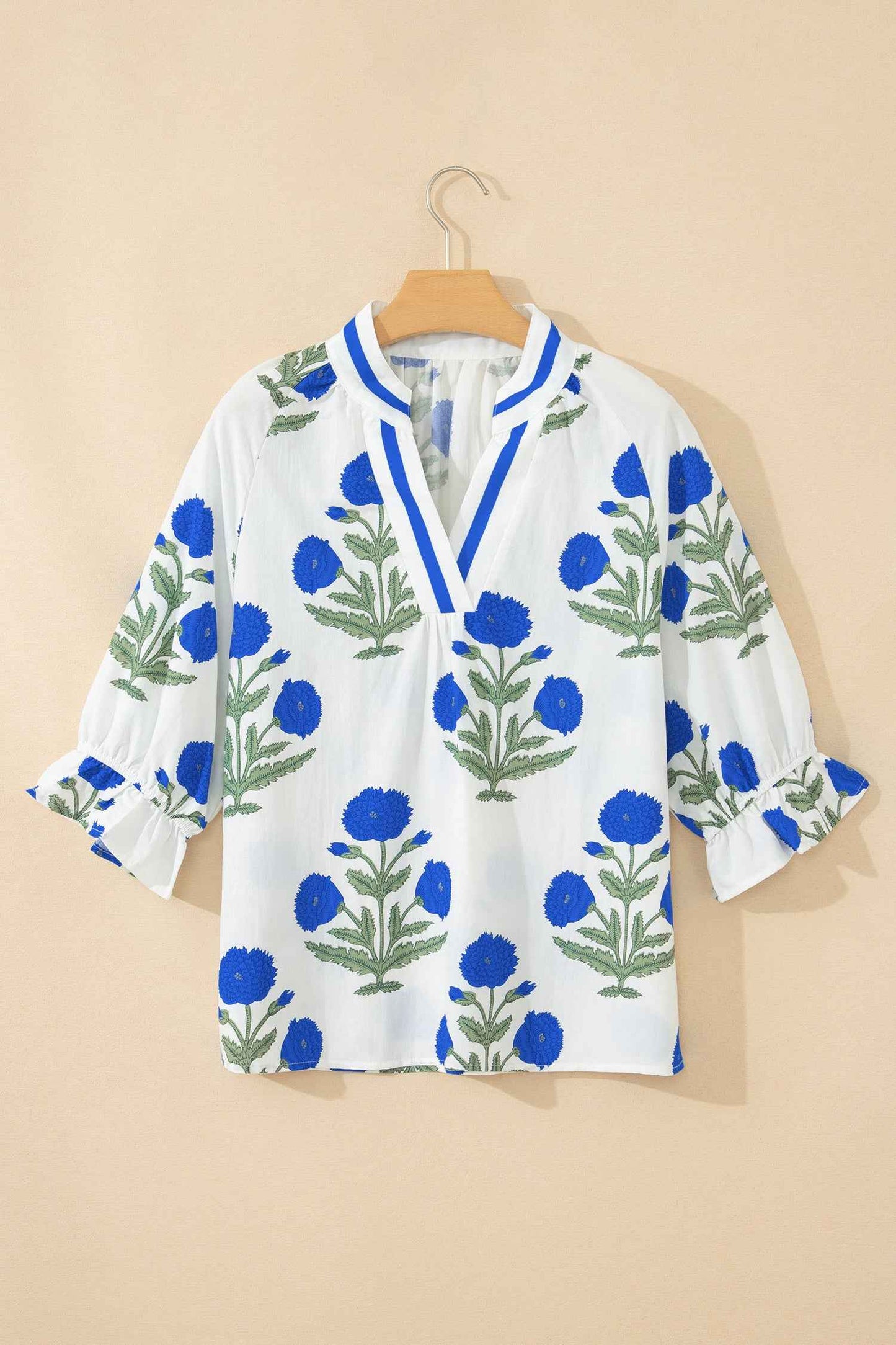 Green Casual Wild Flower Print V Neck 3/4 Sleeve Blouse