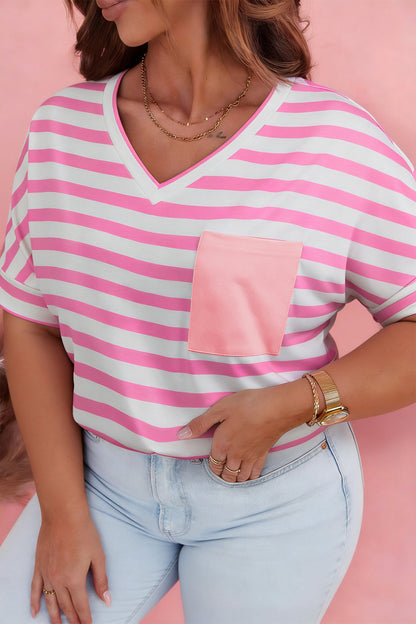 Pink Stripe Colorblock Patched Pocket V Neck Plus Size Tee - Snoopy's Closet
