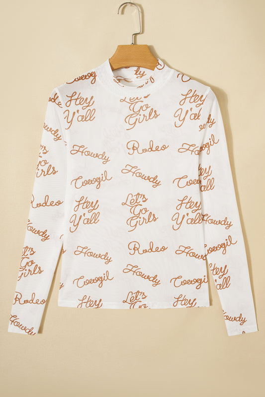 White Howdy Hey Yall Mesh High Neck Long Sleeve Top - Snoopy's Closet