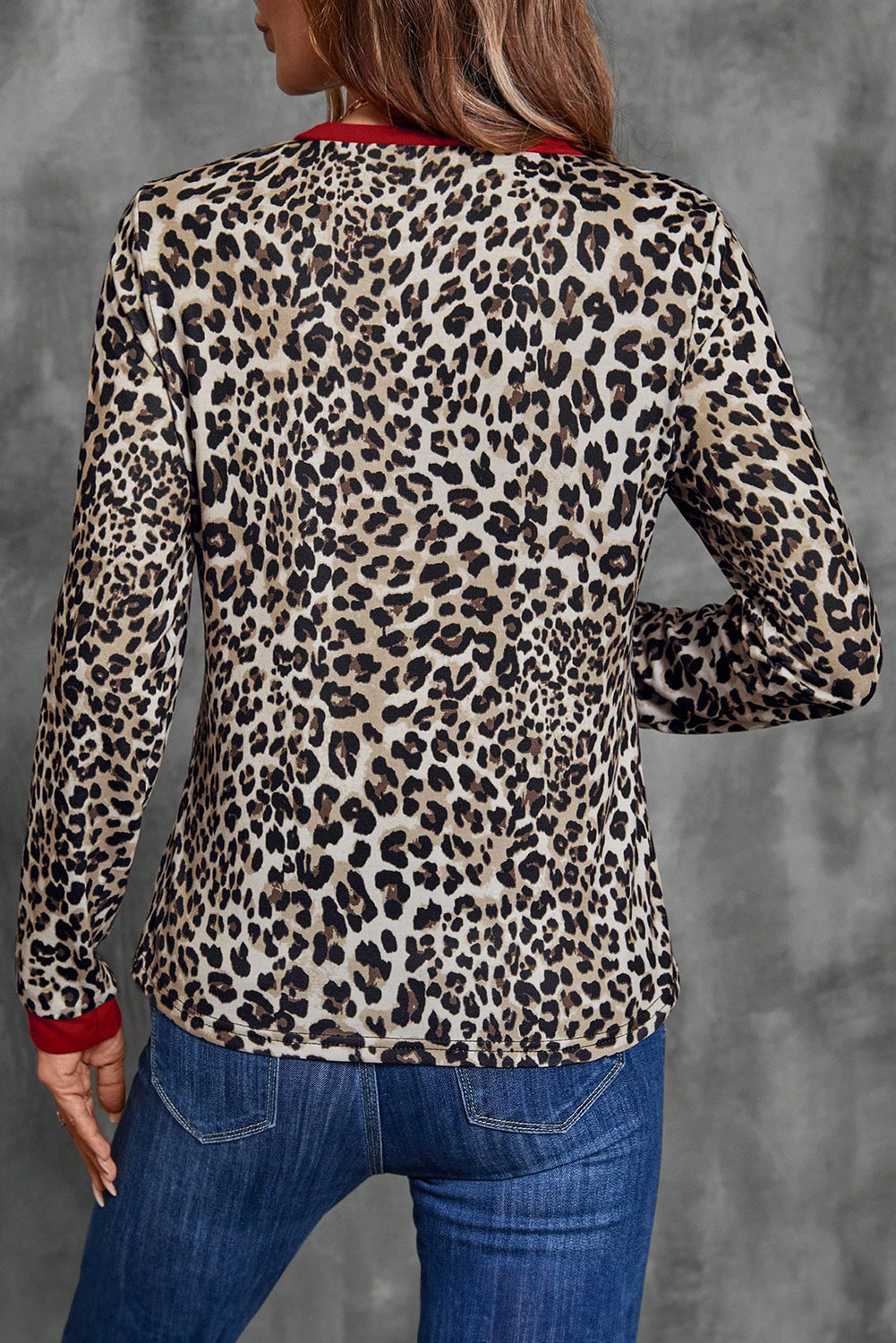 Brown Leopard Print Contrast Trim Round Neck Long Sleeve Top - Snoopy's Closet