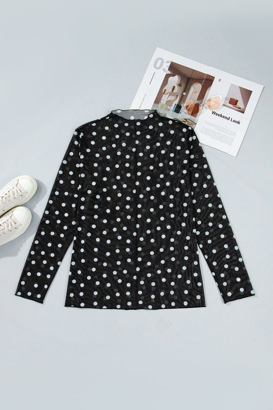 Top de Malla de Manga Larga con Cuello Alto y Lunares Tallas Grandes Negro