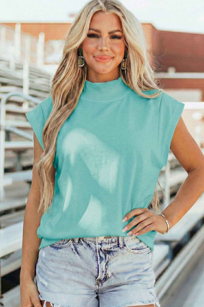 Mint Green Solid Color High Neck Cap Sleeve Loose Top